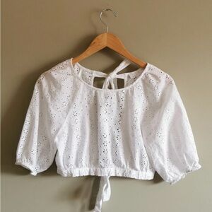 Oak + Fort “The Tie Back” White Cotton Cropped Eyelet Tie Back Top Blouse